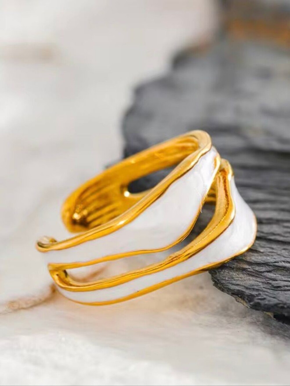 Flexible Gold and White Enamel Wave Ring - Picture 5 of 5